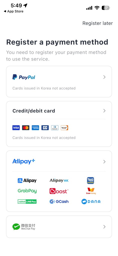 k.ride payment screen showing available card and mobile payment options