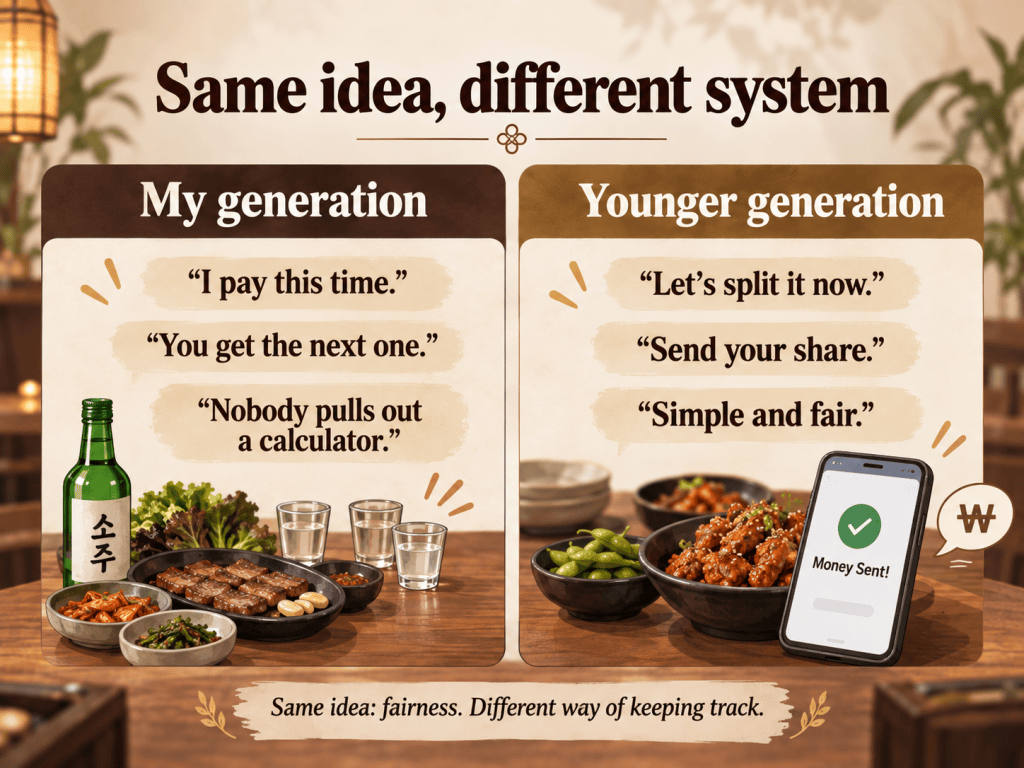 Infographic comparing how older and younger Koreans split restaurant bills