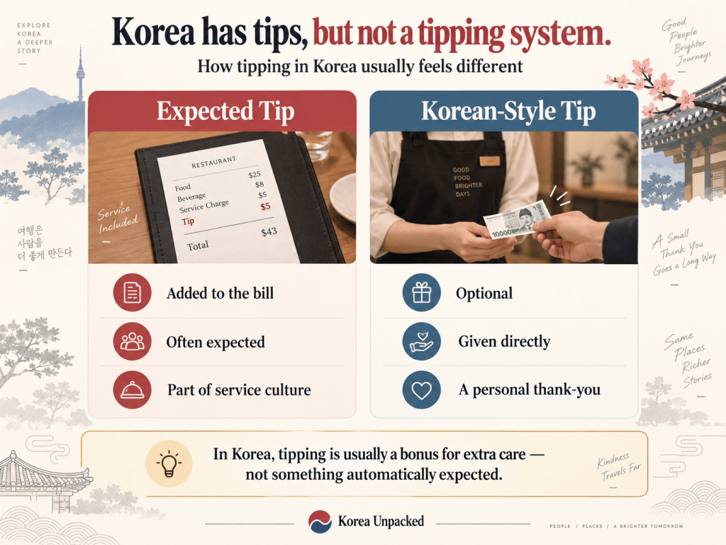 Infographic comparing an expected tipping system with optional Korean-style tipping given directly as a personal thank-you.