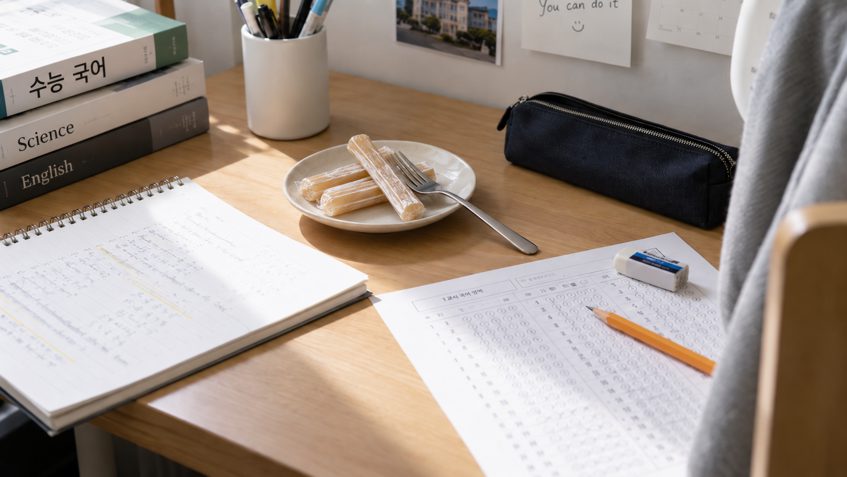 Korean student study desk with traditional yeot candy and a fork before an exam