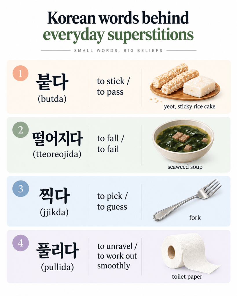 Korean words behind exam superstitions: butda, tteoreojida, jjikda and pullida