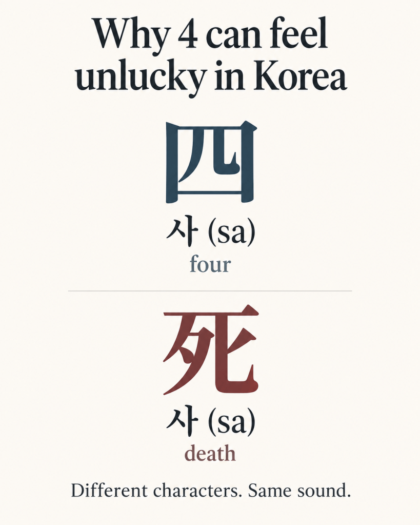 Korean number four sa and death sa written with different Chinese characters