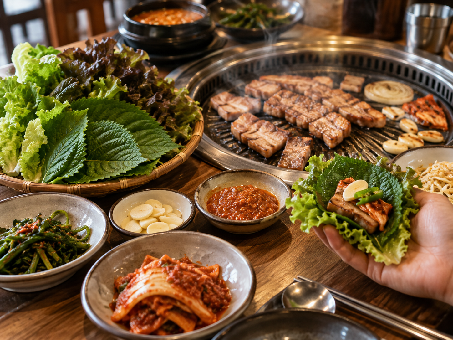 Illustration of a Korean ssam wrap with grilled meat and leafy vegetables
