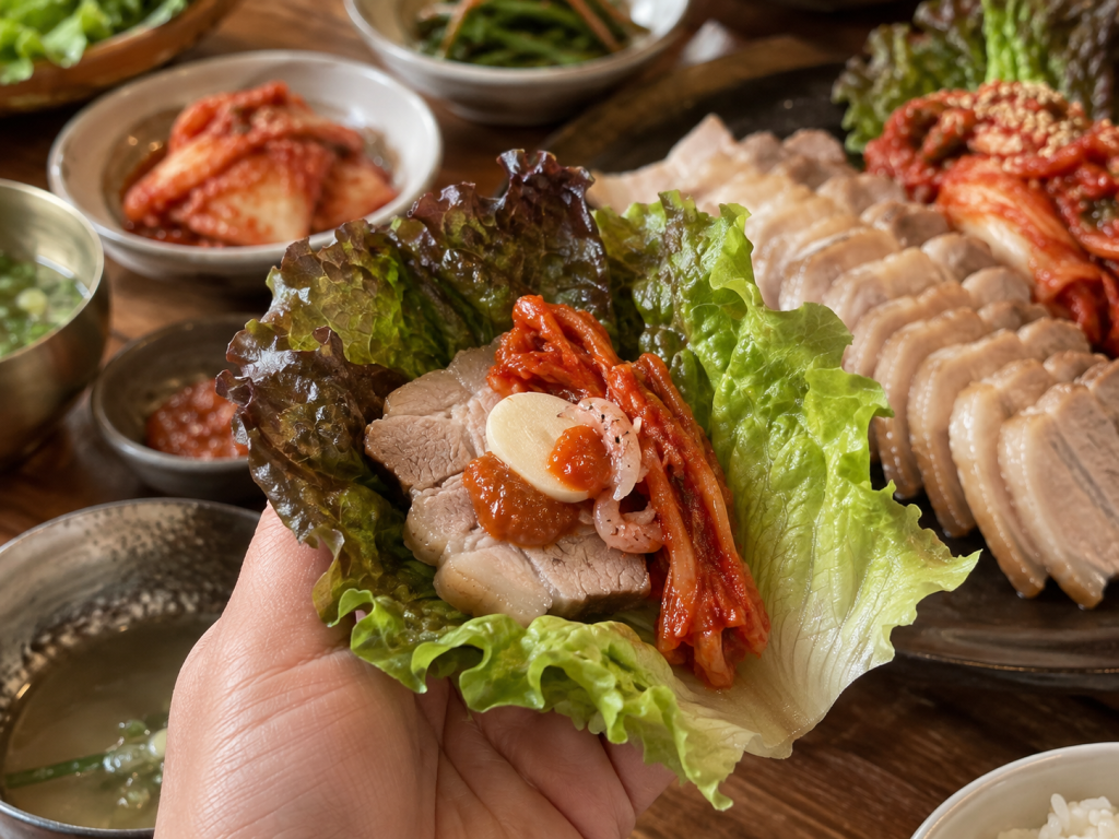 Small Korean ssam wrap with grilled pork belly, perilla leaf, garlic and ssamjang