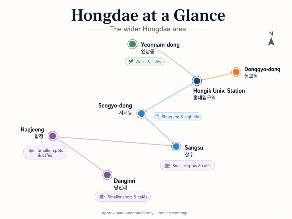 Simple map showing the relative locations of Seogyo-dong, Donggyo-dong, Yeonnam-dong, Sangsu, Hapjeong, Danginri, and Hongik University Station around Hongdae.