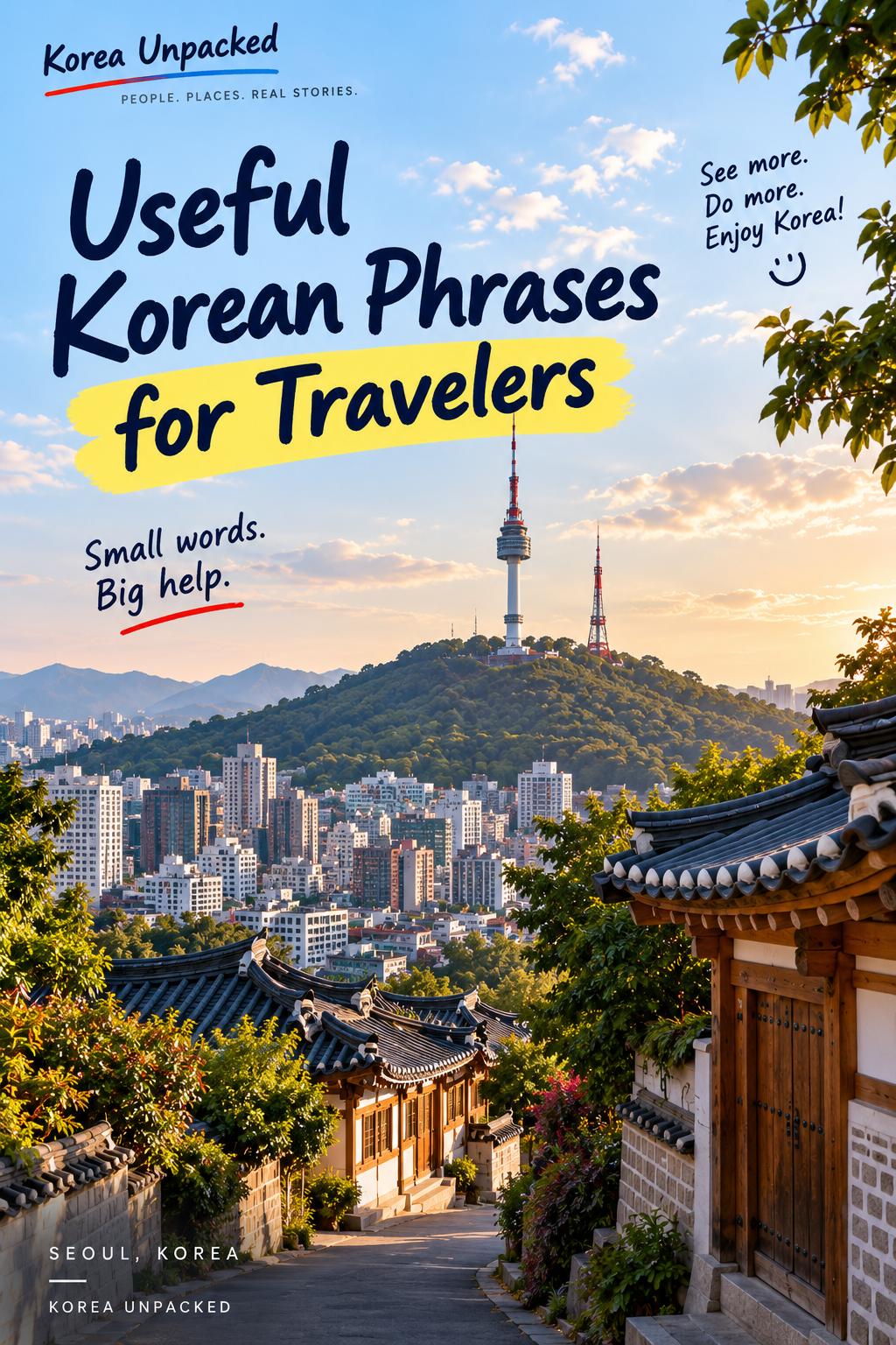 N Seoul Tower and hanok rooftops in Seoul at sunset with the title “Useful Korean Phrases for Travelers”