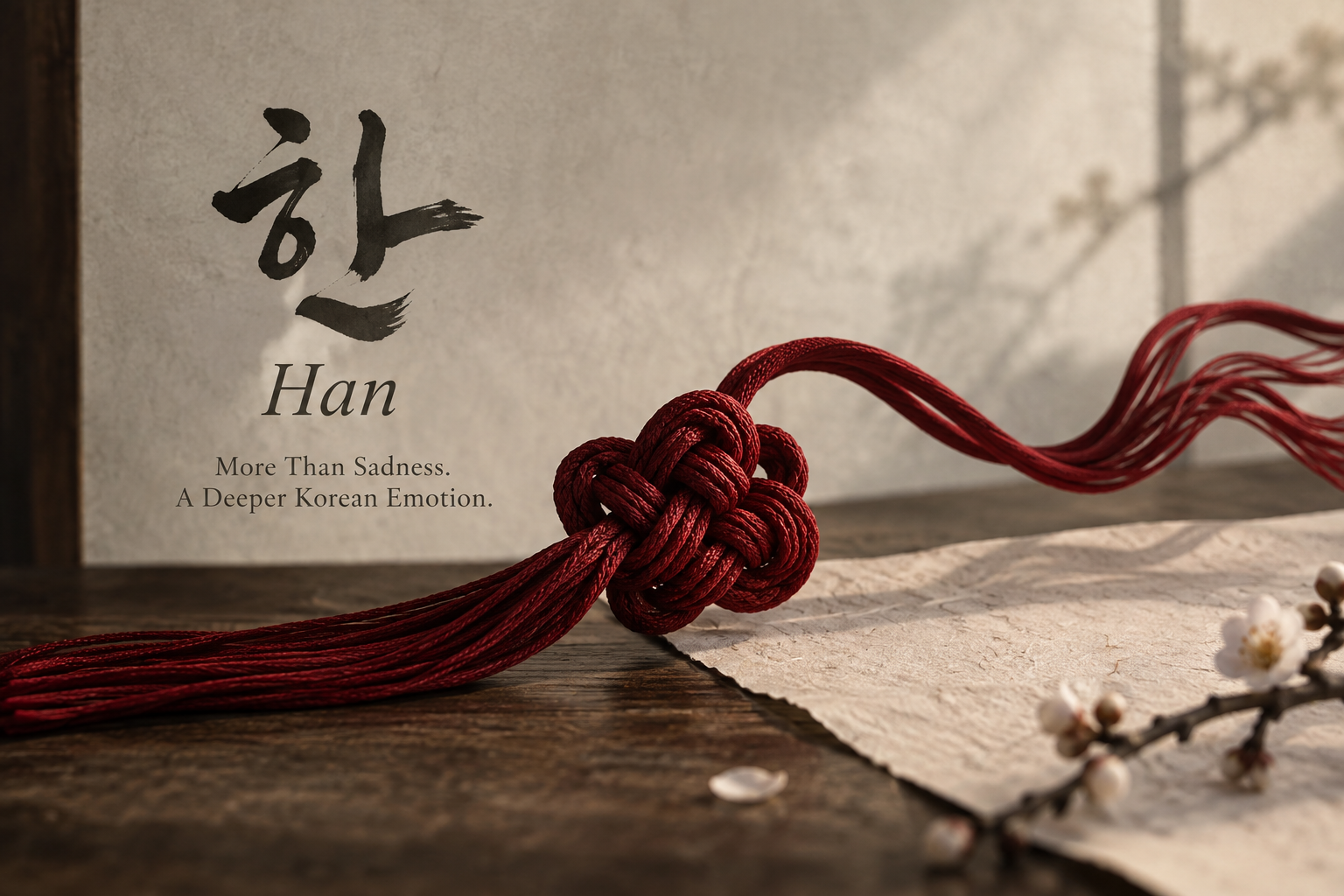 A red Korean knot symbolizing han, with the Korean character 한 and the words “More Than Sadness”