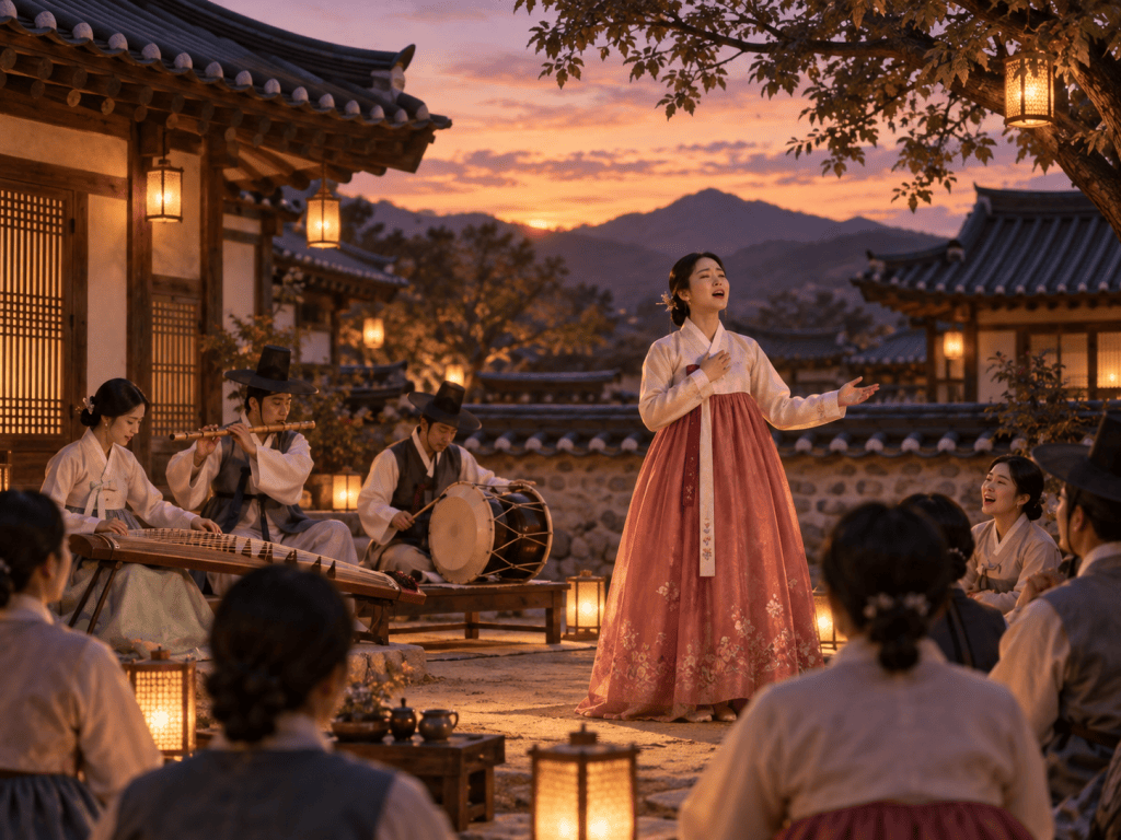 A traditional Korean music performance in a hanok setting at sunset