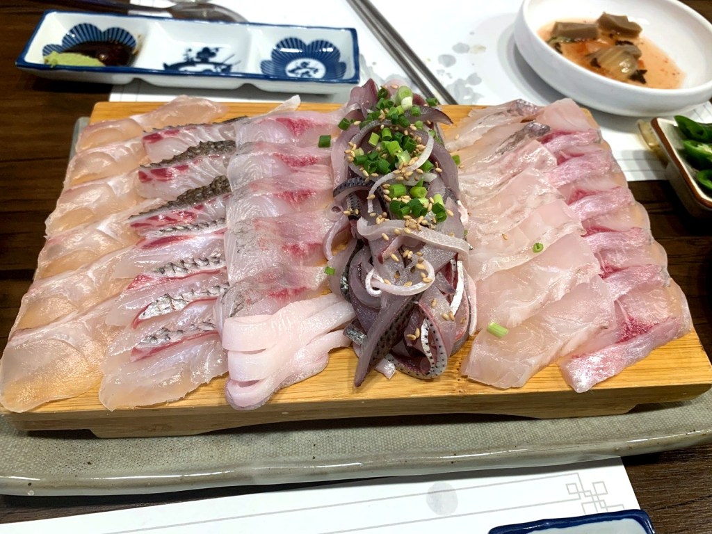 Korean raw fish platter at a small local restaurant near Gwangalli
