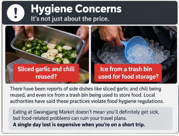 Infographic illustrating reported food hygiene issues at Gwangjang Market, including reused sliced garlic and chili and trash-bin ice used for food storage