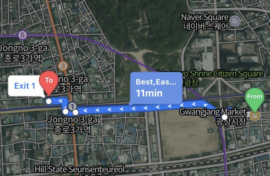 NAVER Map walking route from Gwangjang Market to Jongno 3-ga Station in Seoul