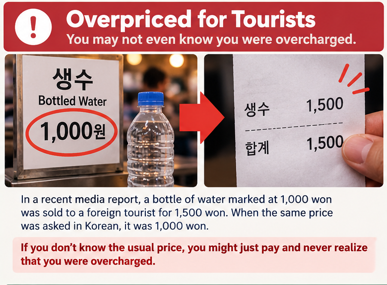 Infographic illustrating a reported Gwangjang Market case where bottled water marked at 1,000 won was sold for 1,500 won to reporters posing as foreign tourists