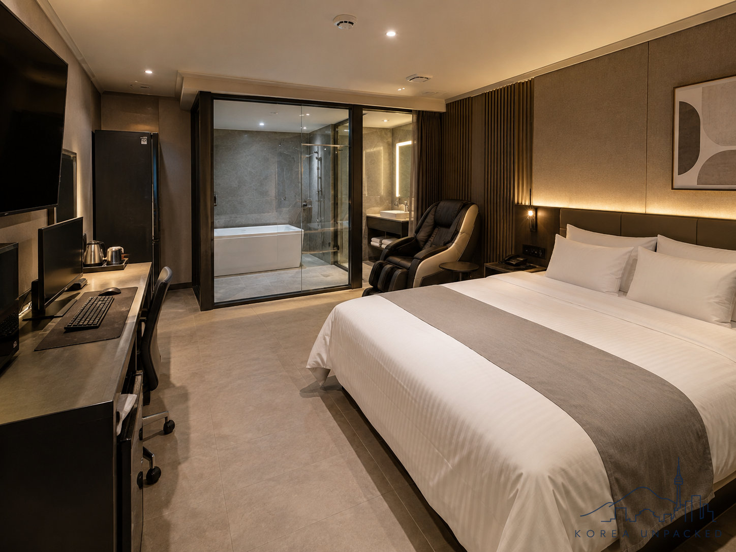 Modern Korean motel room with a large bed, television, seating area, and bathroom