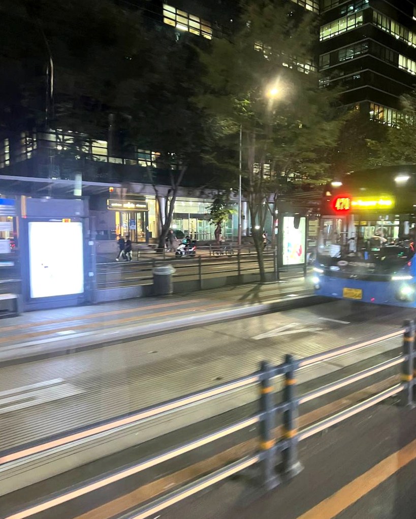 Central bus lane and bus stops in Seoul at night