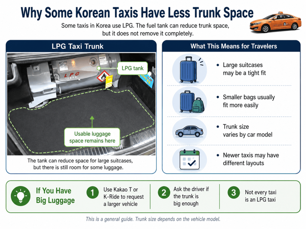 Infographic explaining that some Korean LPG taxis have reduced trunk space but still have usable luggage room.