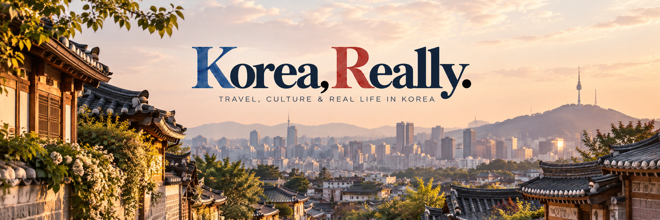 Korea, Really homepage banner with a Seoul cityscape and traditional Korean architecture.
