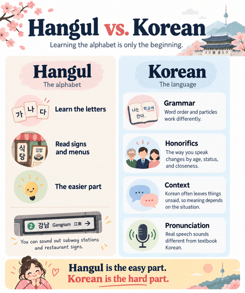 Hangul vs Korean infographic comparing the Korean alphabet with grammar, honorifics, context, and pronunciation.