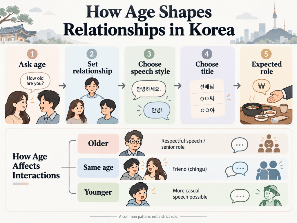 Infographic showing how asking age in Korea can affect relationship, speech style, titles, and expected social roles