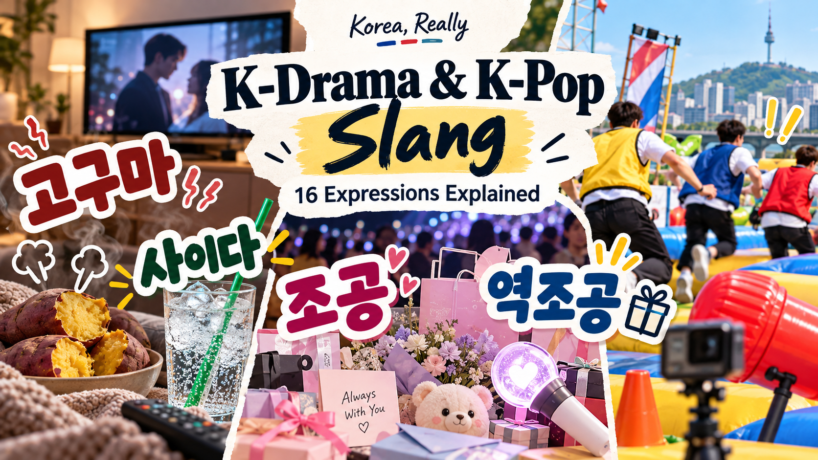 K-Drama and K-Pop slang collage showing 고구마 sweet potato, 사이다 soda, 조공 fan gifts, 역조공 return gifts and Korean variety entertainment