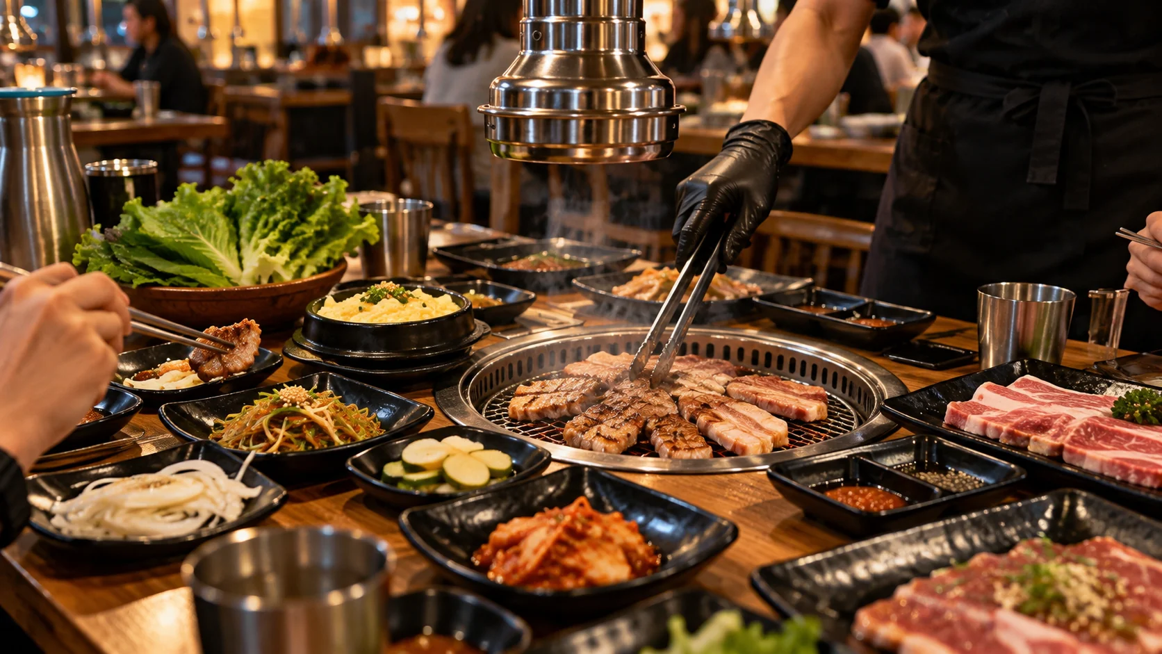 Restaurant staff member using tongs to grill meat at a Korean barbecue table with side dishes.