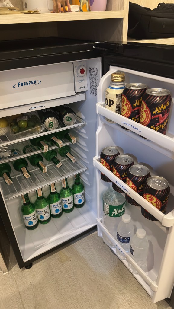 Small refrigerator stocked with soju, Red Horse beer, water, fruit, and other chilled drinks before a staff gathering in the Philippines
