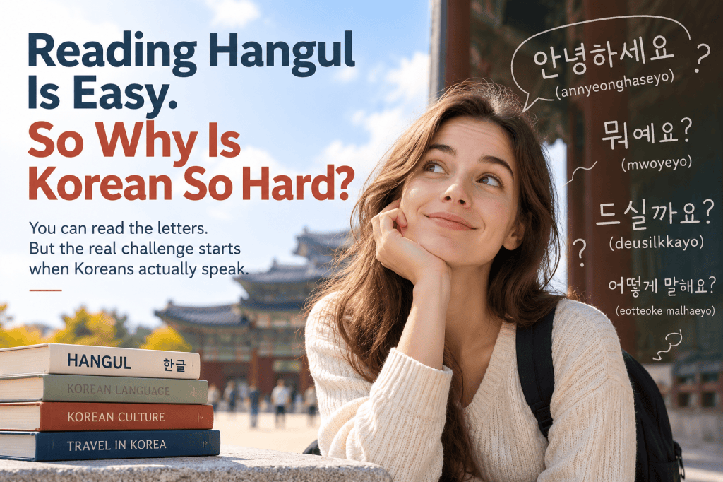 A traveler in Korea thinking about why reading Hangul is easier than speaking Korean naturally.