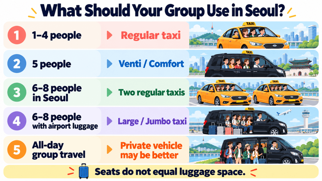 Seoul group transportation guide comparing regular taxis, Venti or Comfort, two taxis, and large or jumbo taxis by group size and luggage.