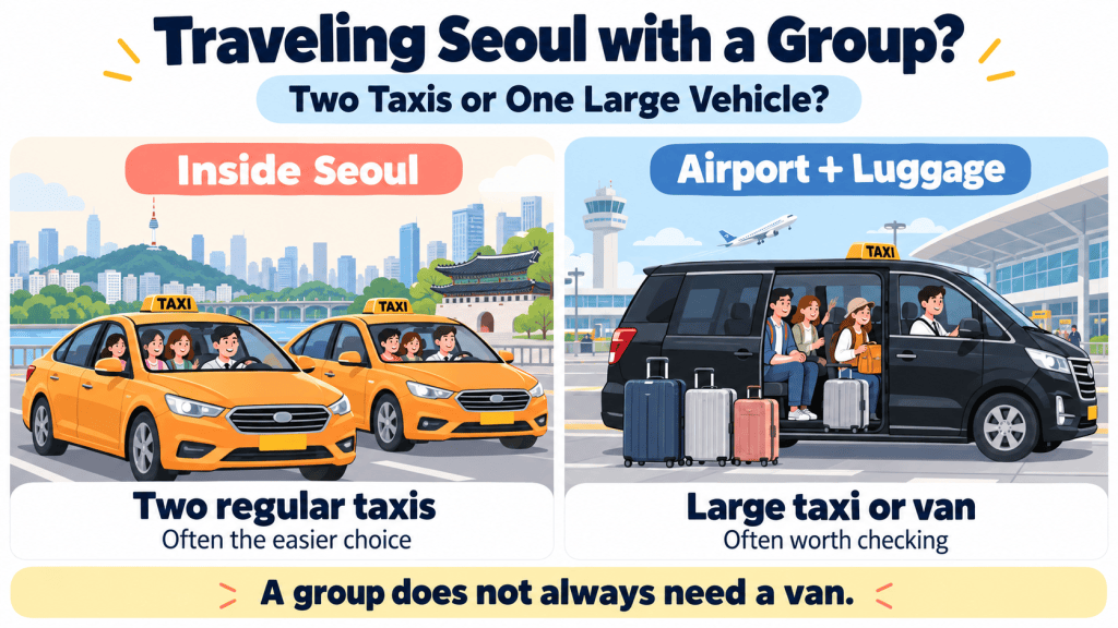 Two regular taxis in Seoul compared with one large taxi for a group traveling with airport luggage.