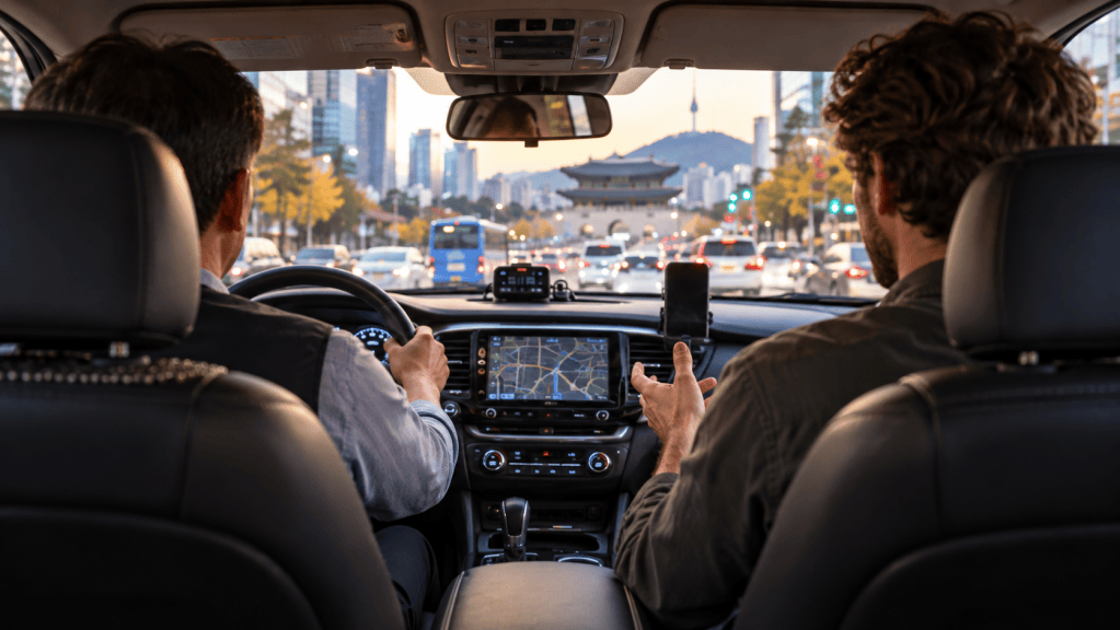 A Seoul taxi driver and a foreign passenger talking while driving through central Seoul